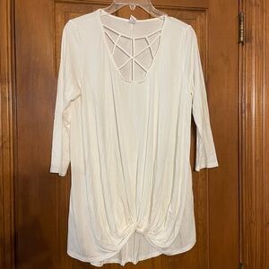 CY Fashion Cream Women's Top,  Unique Neck “Caged” Design, Twist Hem, Size Large